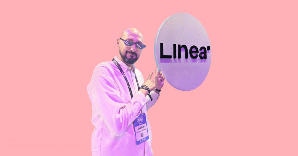 A Linea team member pointing at a Linea tag.