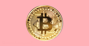 The Bitcoin on a light pink background.