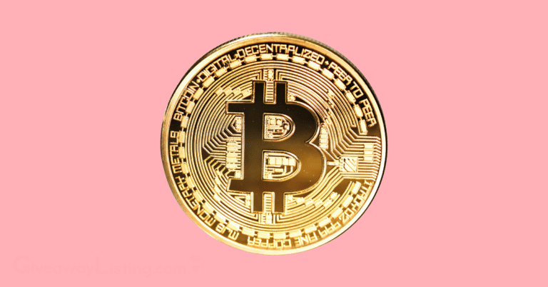 The Bitcoin on a light pink background.