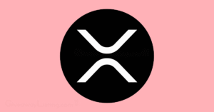 the XRP logo on a light pink background.