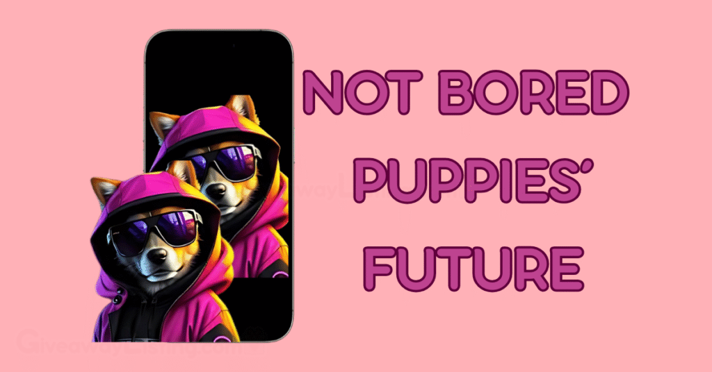 One of the Not Bored Puppies characters and a text depicting the game's future