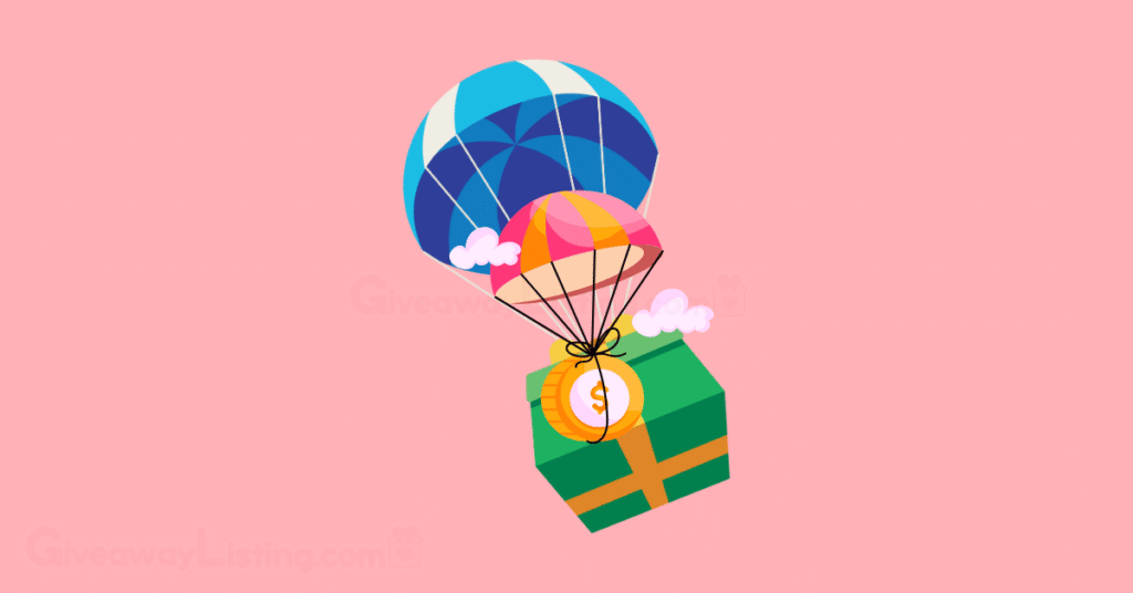 Parachutes with a gift box and a crypto coin hanging on them.