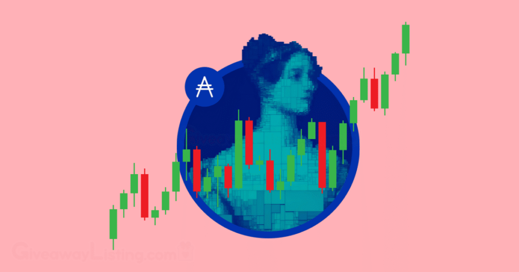 The ADA token logo with candlestick charts.