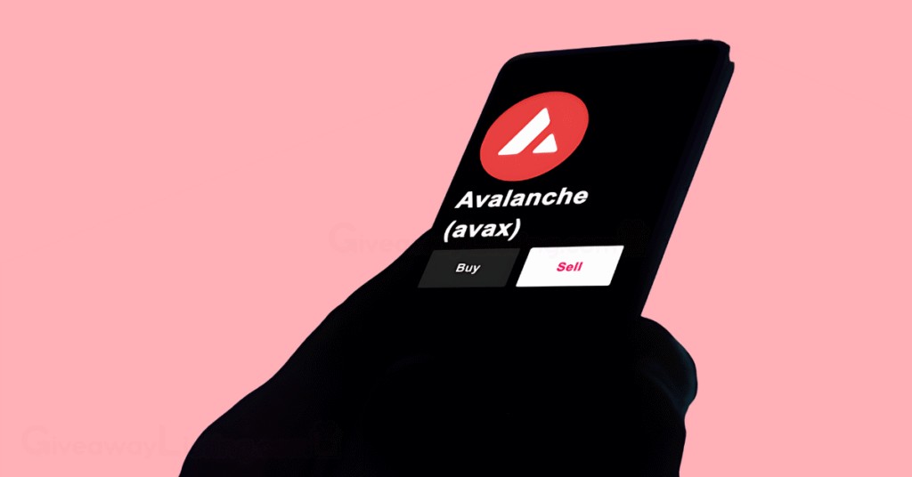 A person's hand holding a phone with the screen showing the Avalanche 'Buy and Sell' order.