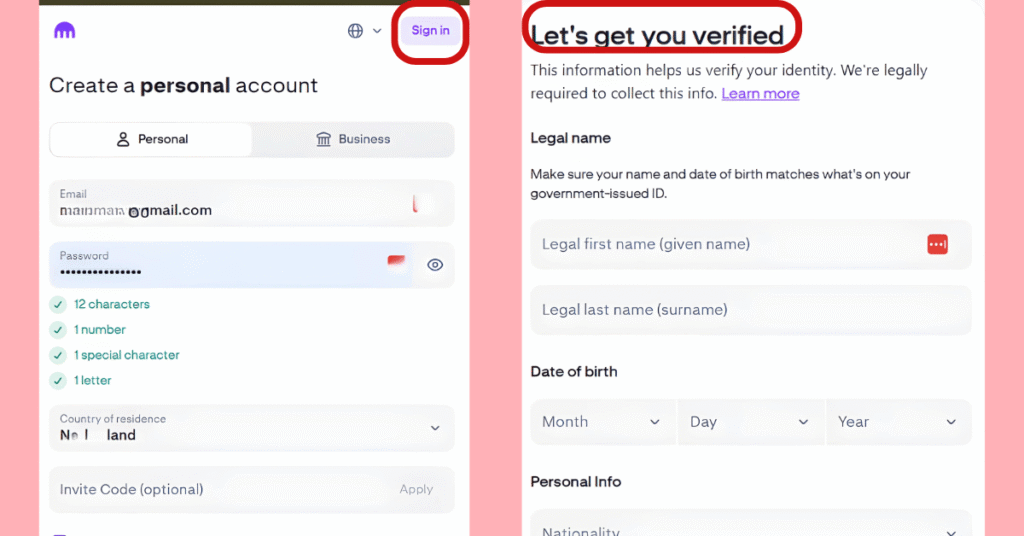 The Kraken platform, with lines showing how to sign up and verify a personal account on the platform before trading AVAX.