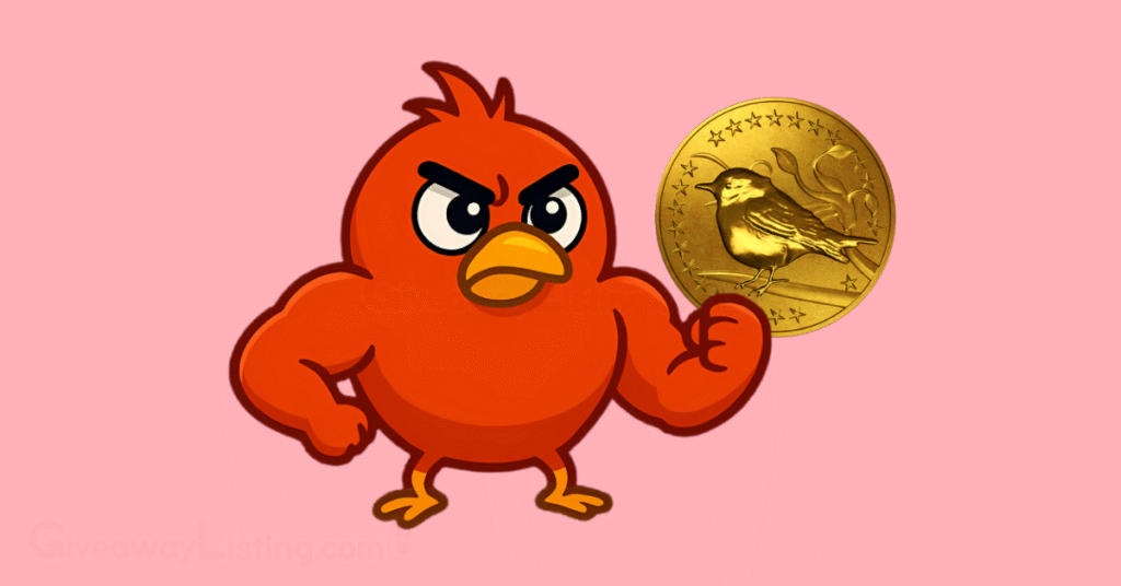 A character from the bird game holding a gold coin