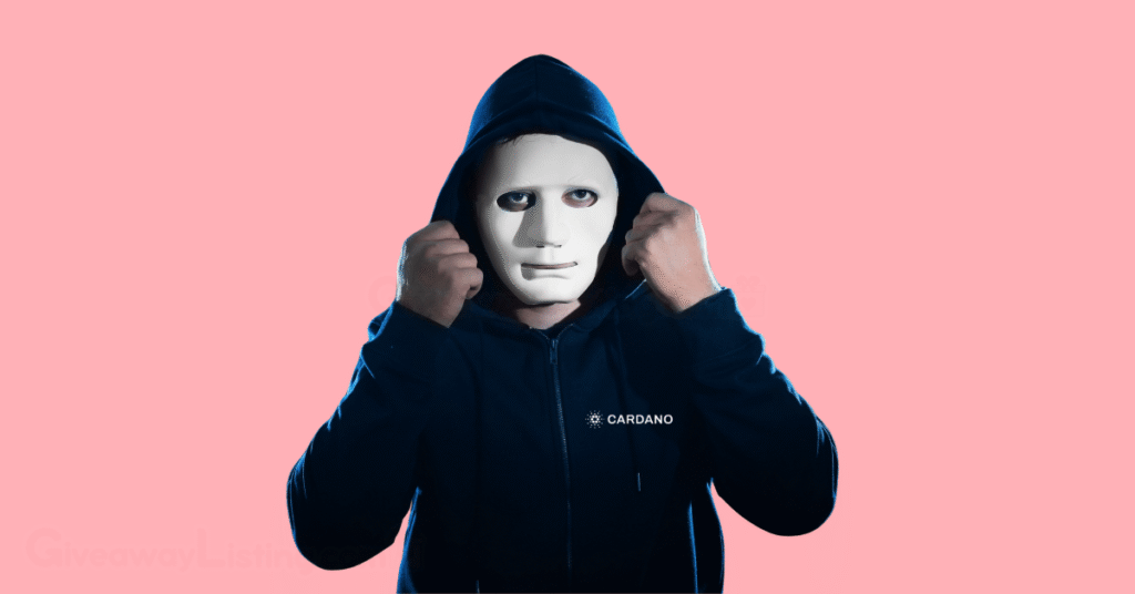 A person with a mask wearing a hoodie with the Cardano logo.