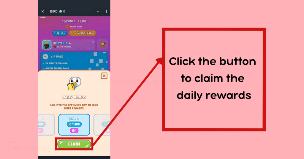 Bird interface showing how to claim the daily reward.