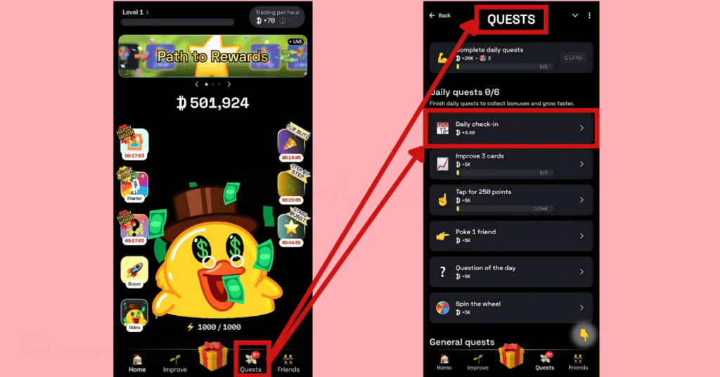Dropee interfaces showing how to complete the Daily Bonus
