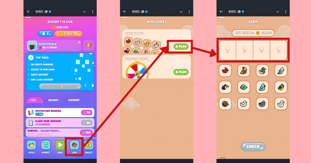 The Bird game interfaces showing how to complete the daily combo