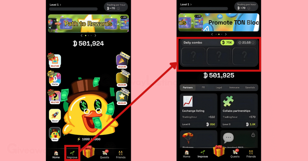 Dropee interfaces showing how to complete the Daily Combo