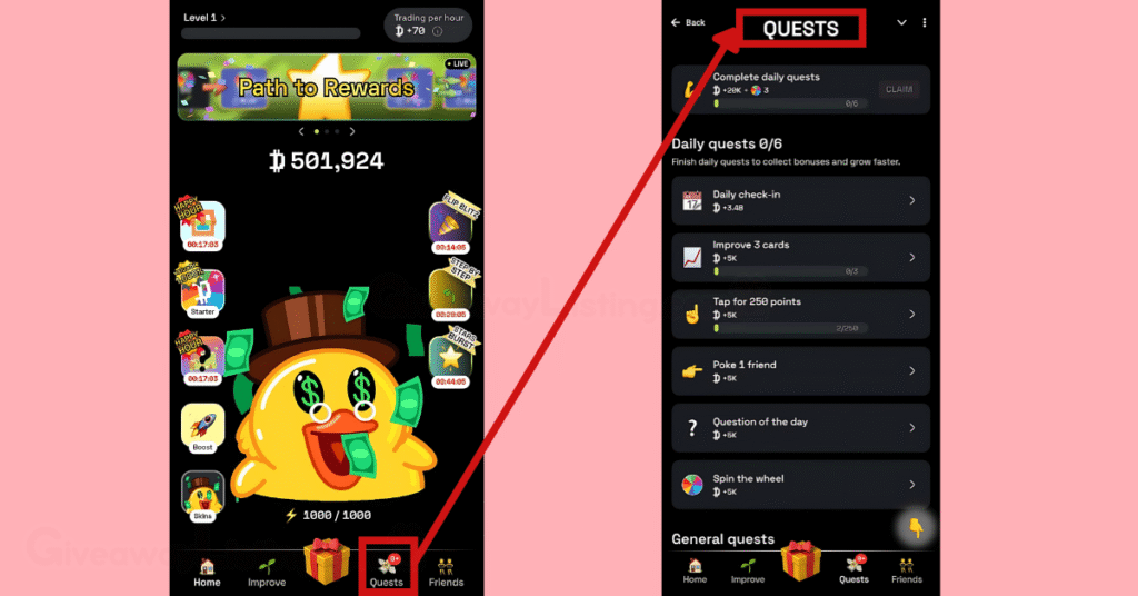 Dropee interfaces showing how to complete the Daily Tasks