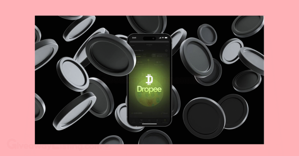 Screenshot from the Dropee Telegram page showing coins dropping on a mockup of the Dropee logo on a smartphone