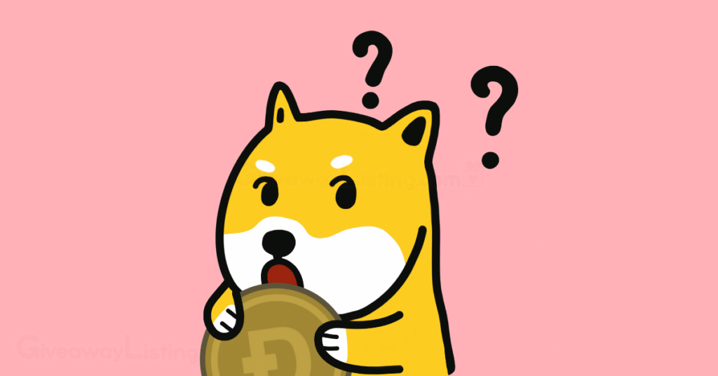 a dog holding a Doge coin with question marks floating above its head.