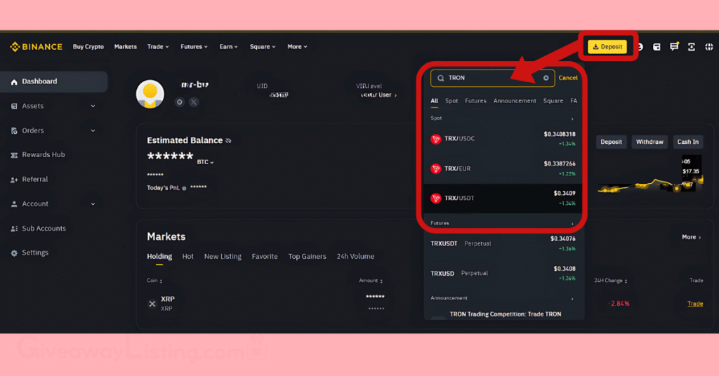 a Binance dashboard with a line and an arrow showing how to deposit TRON/TRX