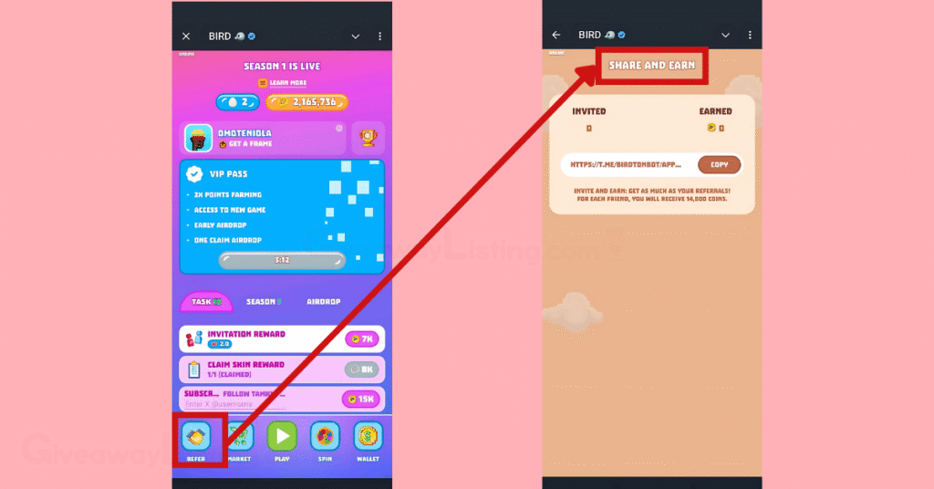 Bird interfaces showing how to invite friends