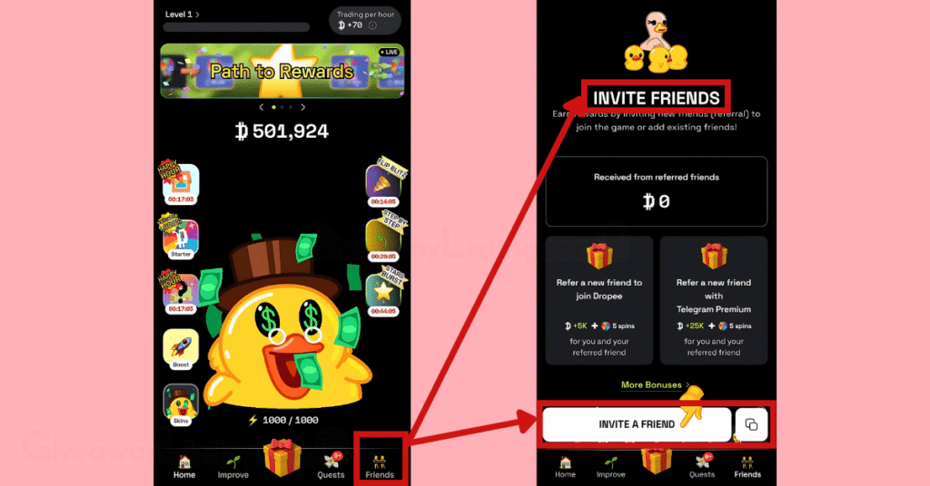 Dropee interfaces showing how to Invite the Friends