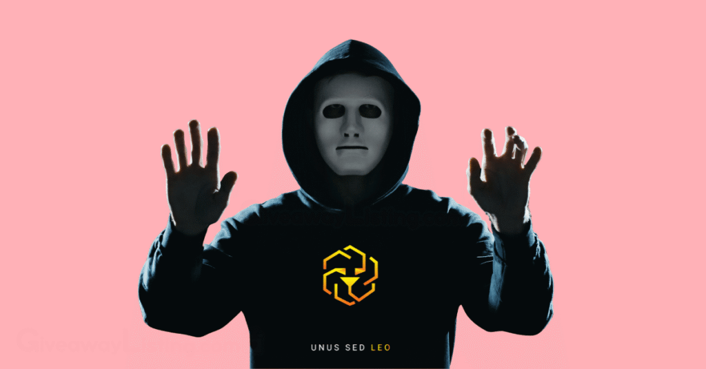 a faceless hacker in a black hoodie with the LEO token logo and text inscribed on it.