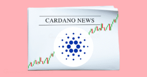 a newspaper showing Cardano News, the Cardano logo and candlesticks.