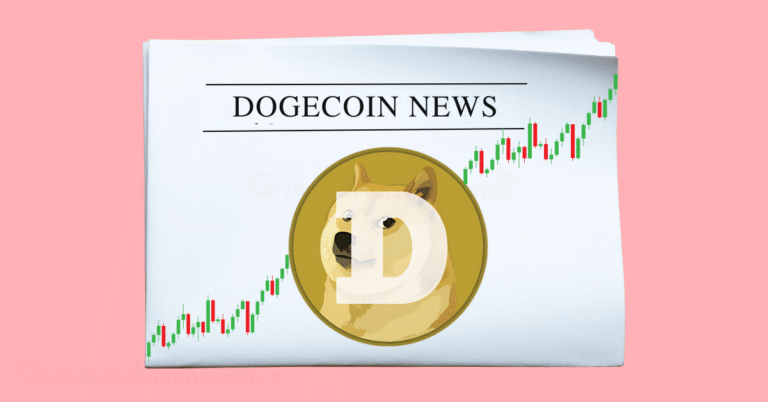 a newspaper showing Dogecoin News, the Dogecoin logo and candlesticks.