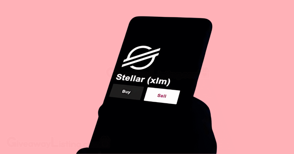 a person's hand holding a phone with the screen showing a Stellar 'Buy and Sell' order.