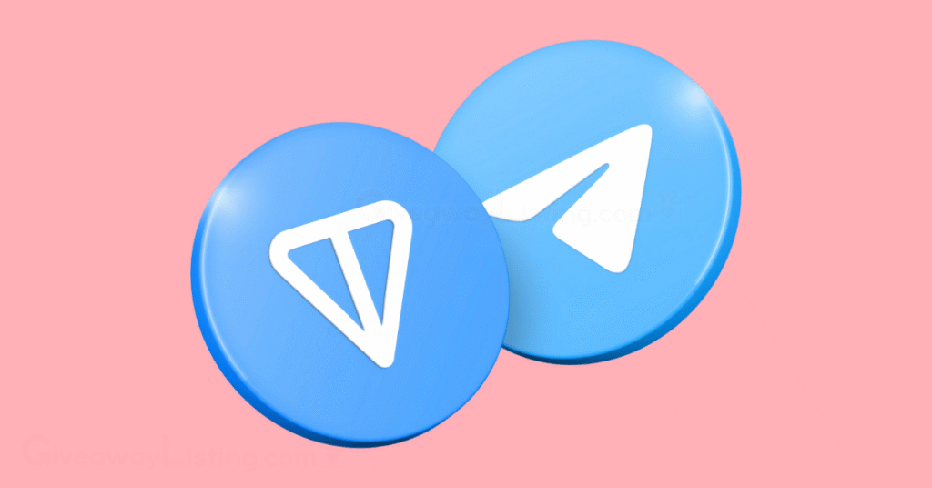 The Toncoin and Telegram logos on a light pink background.