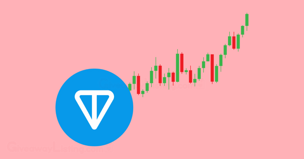 Toncoin logo and trading candlesticks.