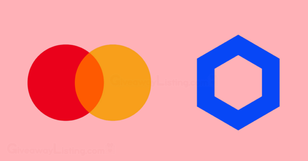 Mastercard and Chainlink logos on a light pink background.