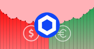The Chainlink logo with dollar and Euro currency signs on a candlestick chart.