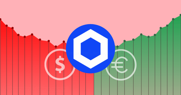 The Chainlink logo with dollar and Euro currency signs on a candlestick chart.
