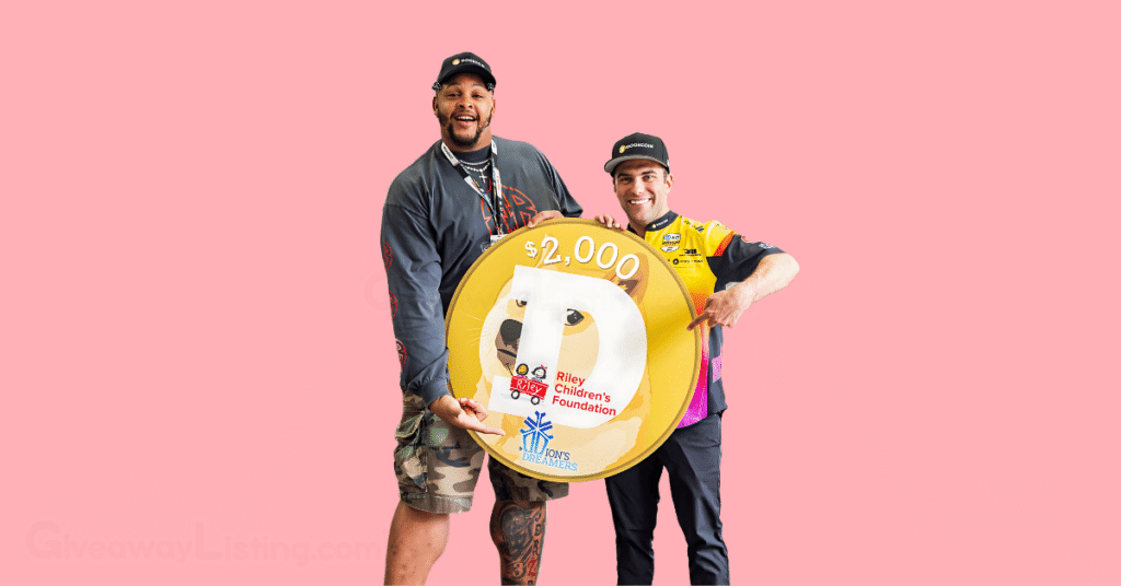 The Dogecoin ambassador, Devlin, and DDawkins of the Buffalo Bills holding a huge DOGE coin.