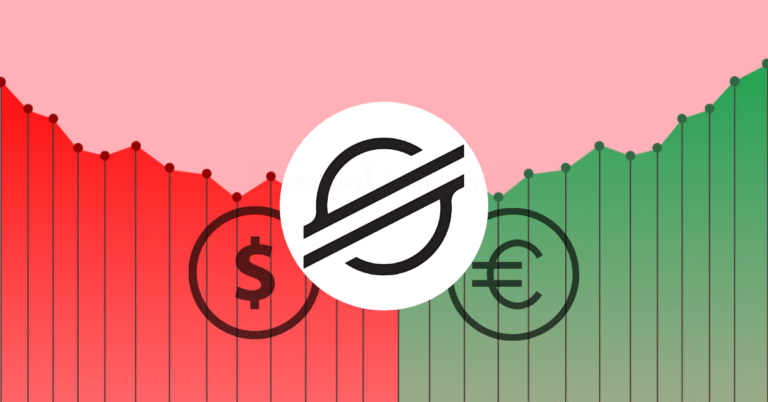 The Stellar logo with dollar and Euro currency signs on a candlestick chart.