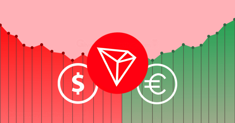 the TRON logo with dollar and Euro currency signs on a candlestick chart.