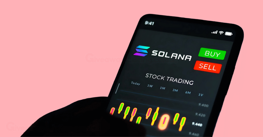 a person's hand holding a phone showing a Solana buy and sell order.