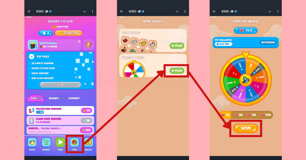 Bird interfaces showing how to spin the Fortuna Wheel
