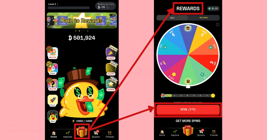 Dropee interfaces showing how to Spin the Wheel