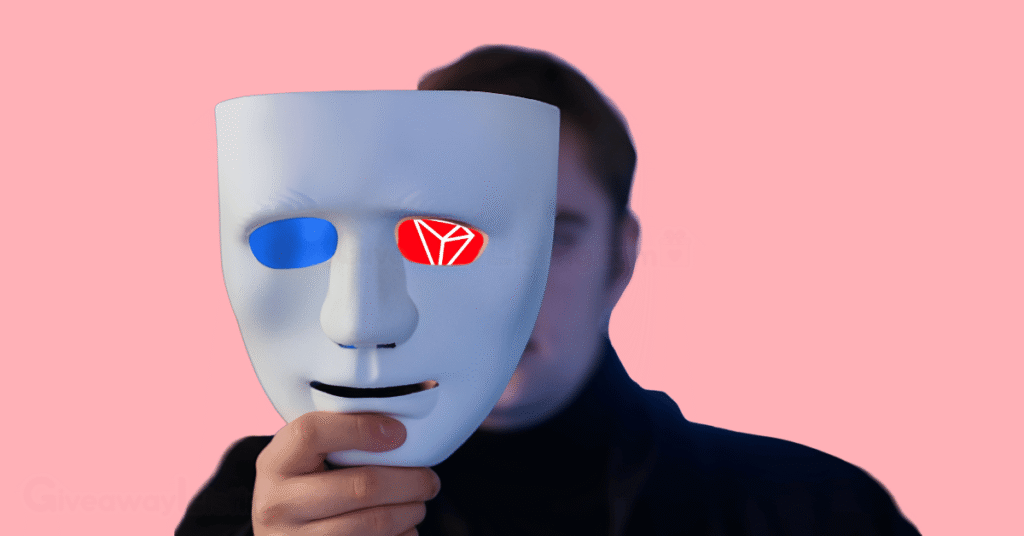 a masked person with the TRON logo on one of their eyes.