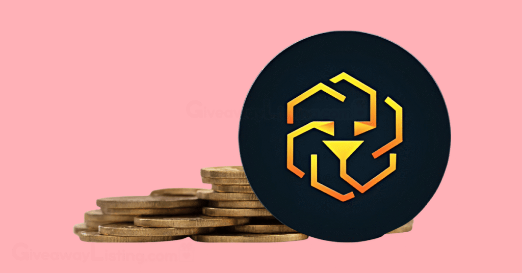 The LEO token logo and some coins behind it.