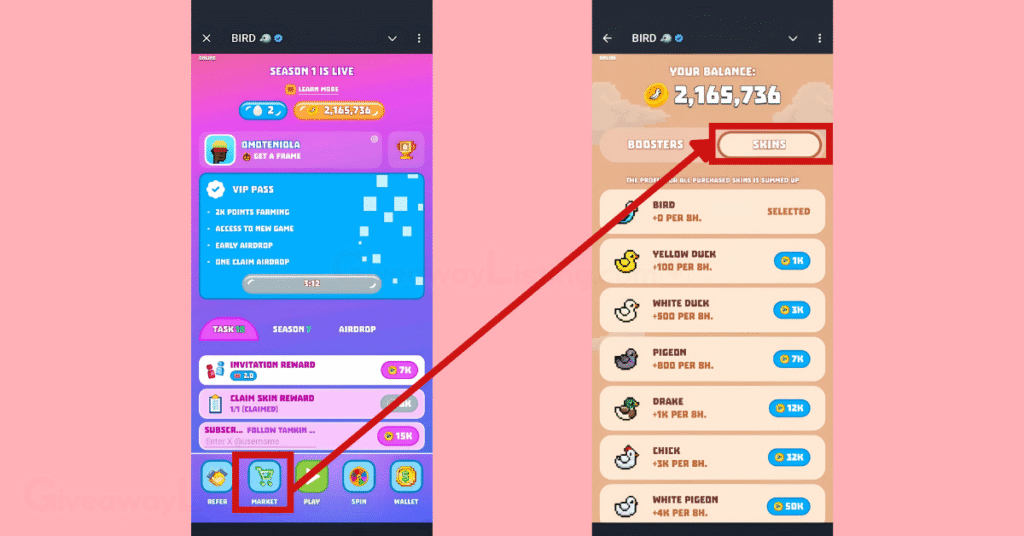 Bird interfaces showing how to trade in the marketplace
