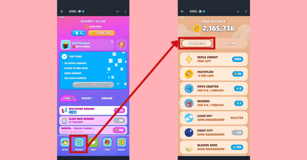 Bird interfaces showing how to use the daily boosters