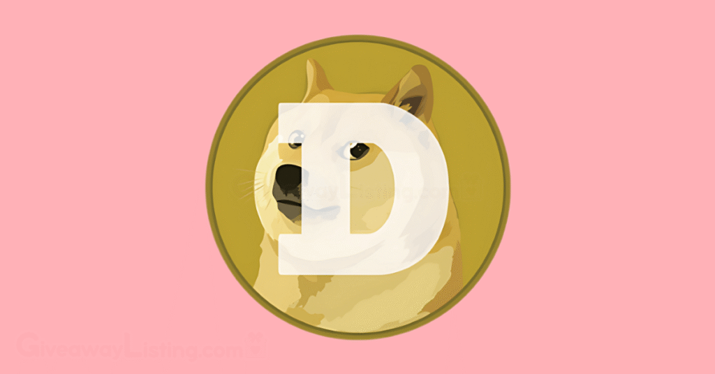 the Dogecoin logo on a light pink background.