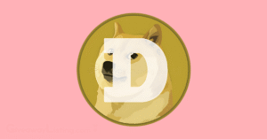 the Dogecoin logo on a light pink background.