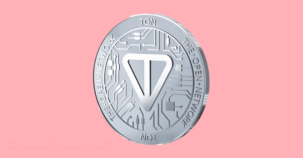 A silver TON coin.