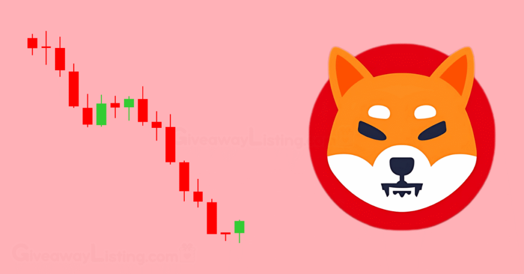 The Shiba Inu logo with a mixed candlestick pattern on the side.