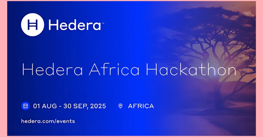 The Hedera Africa Hackathon announcement flyer showing details of the event.