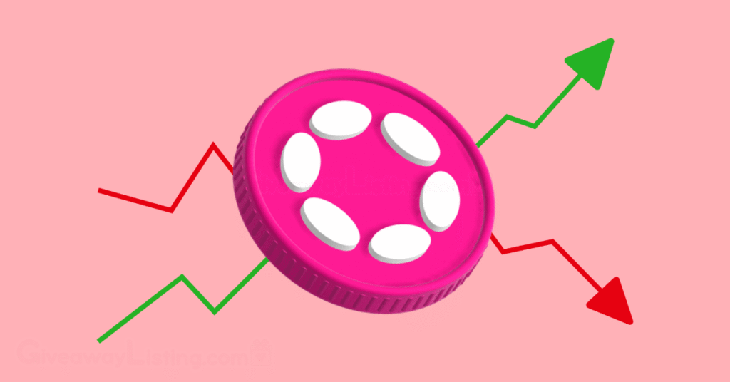 A Polkadot coin with a green and red trading arrow behind it.
