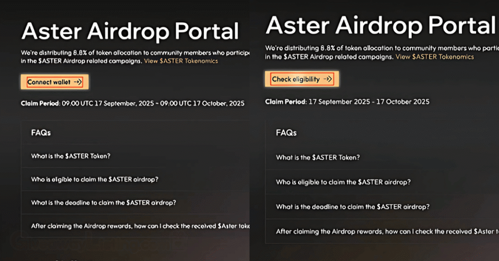 The Aster airdrop portal with red lines showing where to connect your wallet and check eligibility.