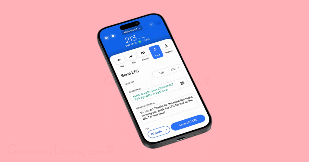a mobile phone showing a Litecoin wallet, and an LTC transaction.