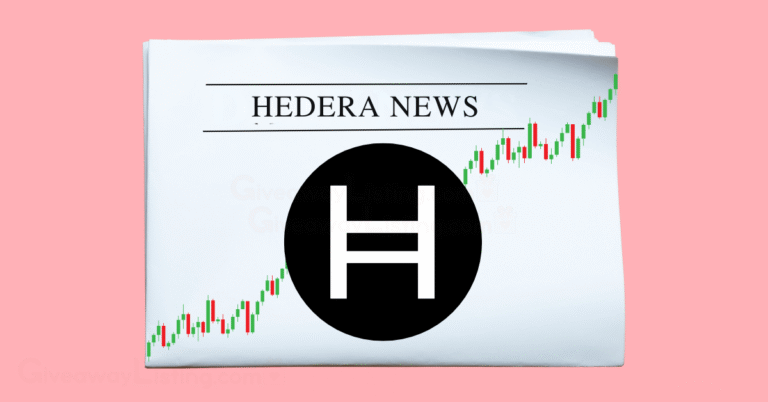 a newspaper showing Hedera News, the Hedera logo, and candlesticks.
