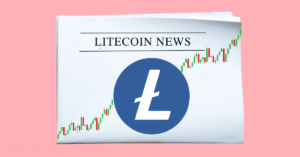 a newspaper showing Litecoin News, the Litecoin logo, and candlesticks.